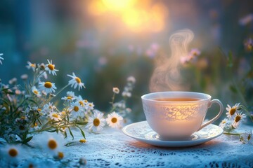 Fototapeta premium A steaming cup of tea sits on a lace cloth amidst a field of daisies at sunset.