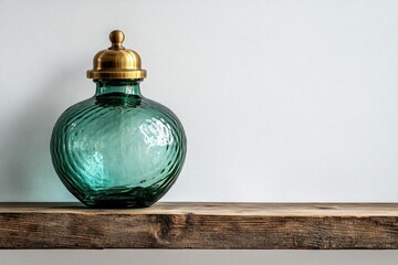 Naklejka premium Teal glass jar with brass lid sits on rustic wooden shelf against a white wall.