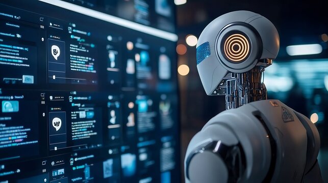 A humanoid robot looking at a large screen displaying social media interface in a dark environment