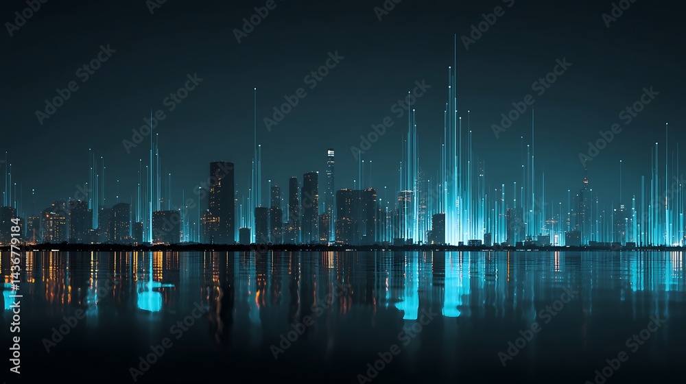 Leinwandbilder A futuristic city skyline with abstract data visualizations and glowing elements representing technology and analytics