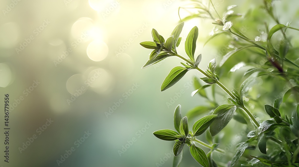 Leinwandbilder a gentle abstract background featuring fresh green herbs with soft light and subtle bokeh effects, c