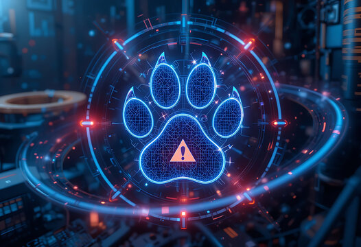 Digital representation of a paw print symbolizing alert notifications in a futuristic tech environment