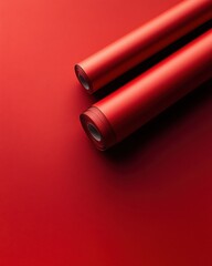 Two vibrant rolls of red wrapping paper against a smooth red backdrop, creating a bold and cheerful atmosphere.