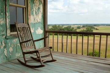 Empty rocking chair on rustic porch overlooking countryside field