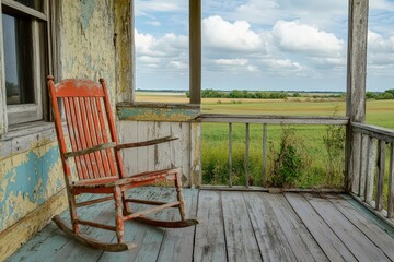Empty vintage rocking chair on weathered porch overlooking countryside