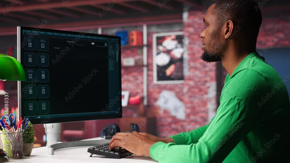 Poster african american guy uses artificial intelligence chatbot trained to understand and generate informa