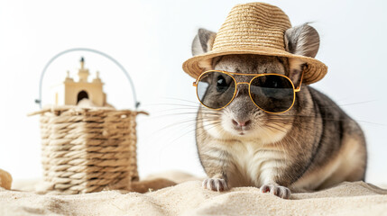 Obraz premium Chinchilla in Sunglasses and Straw Hat Next to Sandcastle on a Bright Day