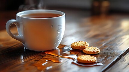 A steaming cup of tea with cookies sits on a rustic wooden table, creating a cozy scene.