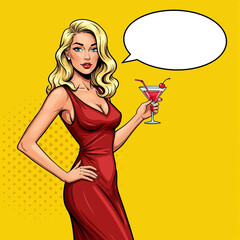 A vibrant pop art illustration of a pin-up girl enjoying a martini. This image is perfect for retro-themed designs, vintage advertisements, or stylish social media posts