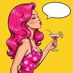 A vibrant pop art illustration of a pin-up girl enjoying a martini. This image is perfect for retro-themed designs, vintage advertisements, or stylish social media posts