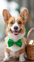 Smiling Corgi in a Green Bow Tie Next to a Basket of Golden Coins and Shamrocks 