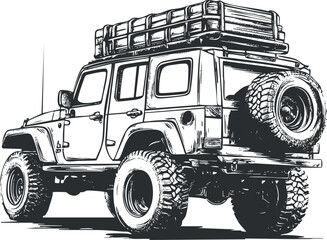 Black and white sketch of an offroad 4x4 jeep equipped with large tires and roof rack for adventure travel © vadymstock