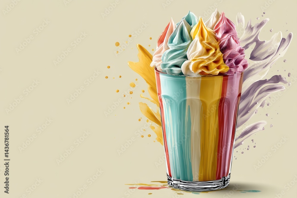 Aufkleber colorful milkshake glass with vibrant whipped topping presented in a minimal poster style on a soft 