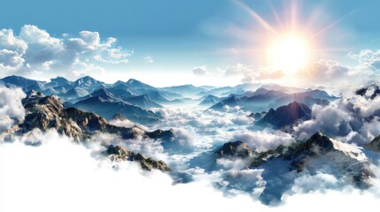 Mountain range covered with clouds under a bright sun