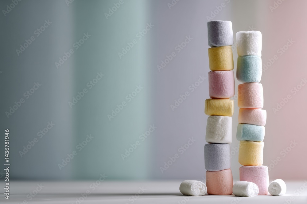 Poster colorful marshmallow towers create a whimsical display in pastel shades with a minimal vertical arra