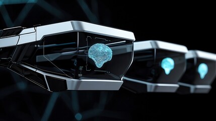 A futuristic display showing a digital brain inside of a sleek device with other devices nearby