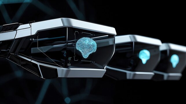 A futuristic display showing a digital brain inside of a sleek device with other devices nearby