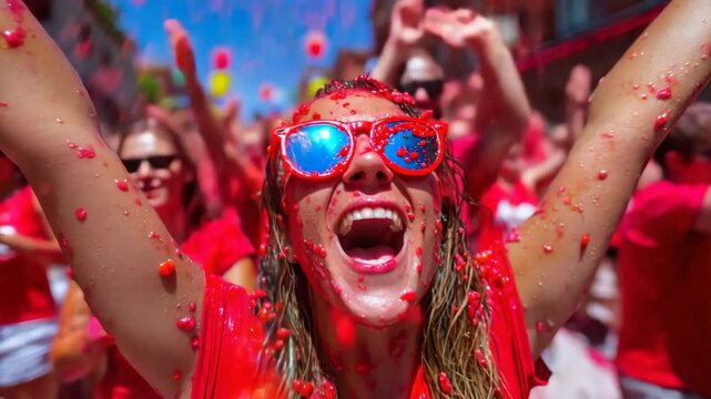 Crowd of joyful people in red clothes and sunglasses celebrating at an outdoor fruit fight under sunny blue skies, having fun and enjoying the party.
