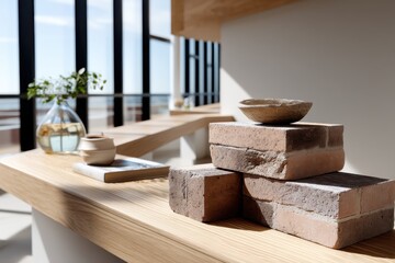 This image displays a stylish arrangement of stones and natural objects in a bright indoor setting, capturing the essence of minimalism and natural beauty.