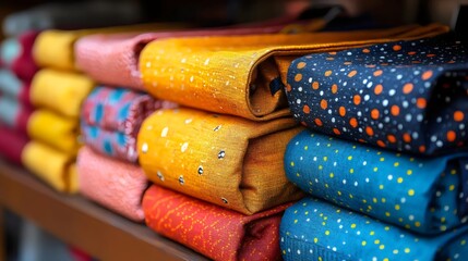 Obraz premium Colorful folded textiles stacked neatly, showcasing diverse patterns and vibrant colors.
