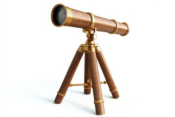 Antique telescope with wooden tripod stand isolated on white background