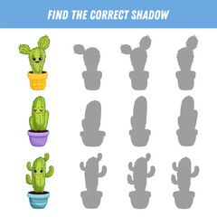 Find the correct shadow of cactus. Educational logic game for children. Cute cartoon cacti characters. Vector illustration

