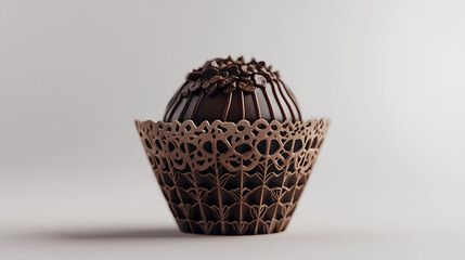 Delicious-looking chocolate dessert, decorated with chocolate chips and presented in a patterned cup.