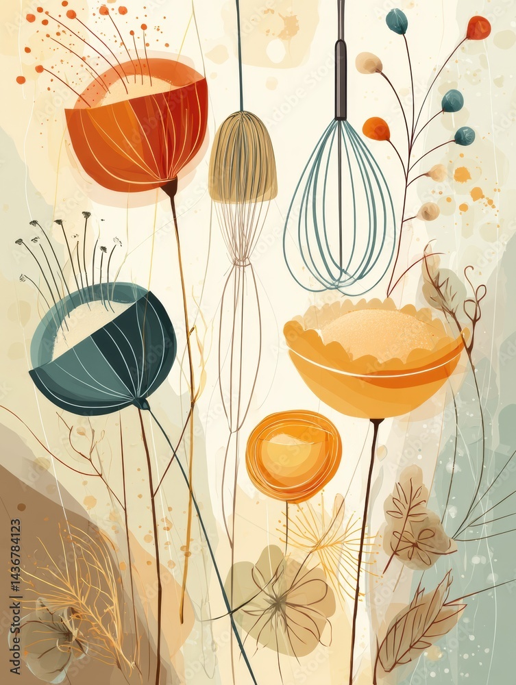 Poster whisking together flour and sugar in a whimsical bakery wonderland with floating tart shell decorati