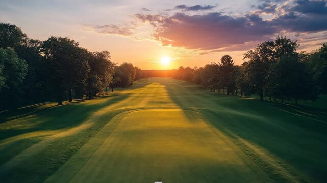 Golf Course at Sunset Empty Field Scene for Recreation Sports Slow Motion