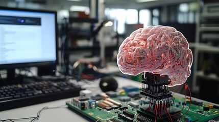 Artificial brain connected to circuit board with computer in the background in a lab setting