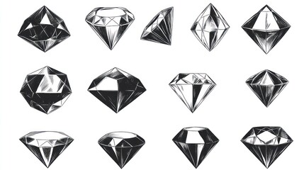 Diamond Jewels Collection of rough sketch cut stone gems for jewelry design, art