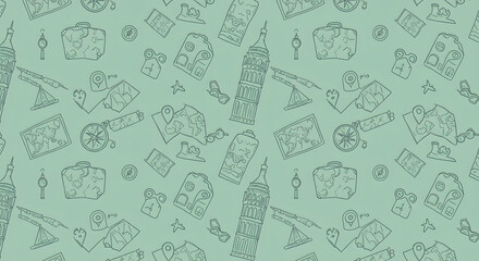 Obraz premium Contemporary minimalist seamless pattern featuring travel elements, including suitcases, maps, compasses, and landmarks. Hand-drawn illustrations that create an atmosphere of adventure and discovery. 