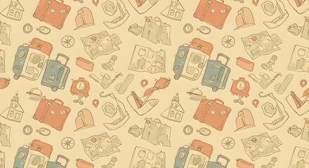 Contemporary minimalist seamless pattern featuring travel elements, including suitcases, maps, compasses, and landmarks. Hand-drawn illustrations that create an atmosphere of adventure and discovery. 