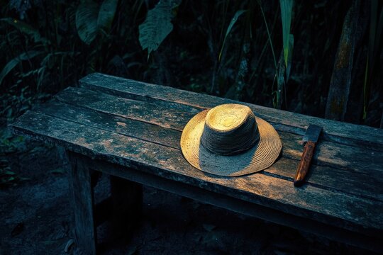 Hat and machete resting on rustic bench near jungle edge