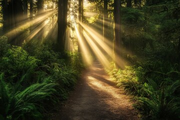 Obraz premium Sunbeams illuminate lush rainforest trail near reservoir
