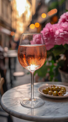 Naklejka premium Enjoying rose wine with olives at a charming outdoor cafe surrounded by blooming flowers