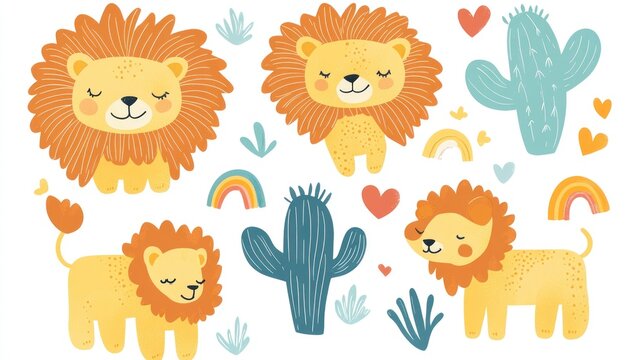 Cute lions among cacti and rainbows for decoration, nursery art, and children's design