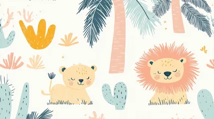 Cute lions resting in tropical desert.  Kids' room decor