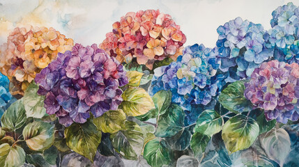watercolor botanical Hydrangea flowers texture template background.Elegant wedding invitation card background . Minimal hand painted Design for wedding or Valentine's Day