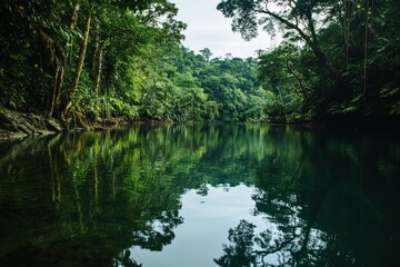 Fototapeta premium Star reflections on calm river with jungle silhouettes and boat