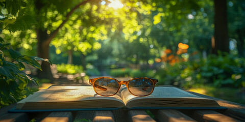 Sunglasses resting on an open book on a garden bench surrounded by greenery in a sunny park