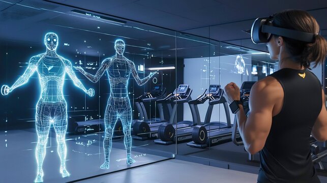 Woman using vr headset in gym with virtual human models and treadmills visible in the background area