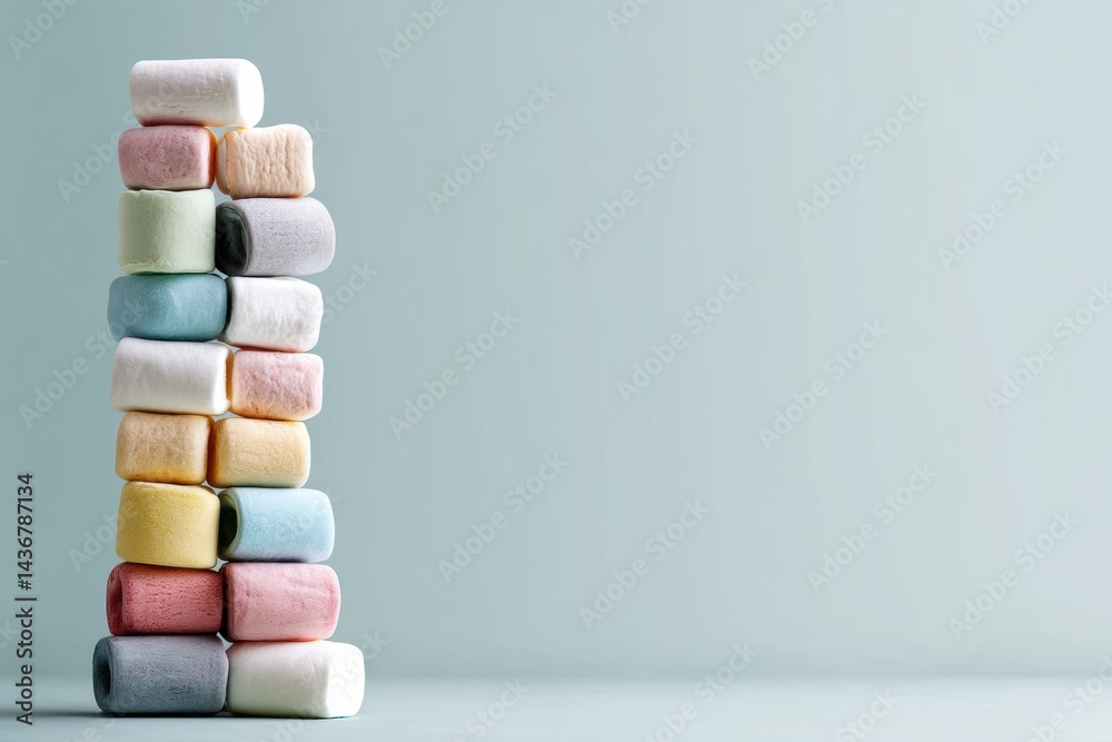 Poster Stack of Pastel Marshmallows Arranged in a Tower on a Light Background Showcasing a Sweet Treat Display