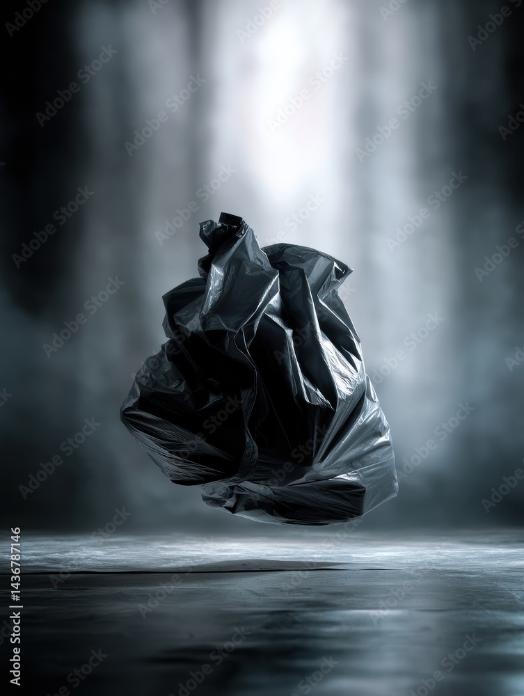 Poster Garbage Bag Suspended in Abstract Lighting With Stylized Contrast Creating an Intriguing Visual Effect in a Modern Studio