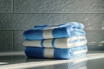 A neatly stacked pile of blue and white towels, showcasing texture and color in soft morning light.