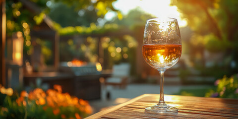 Enjoying refreshing white wine during a vibrant barbecue gathering in a sunlit garden with blooming flowers
