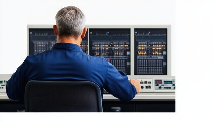 Senior Male IT Specialist Working on Multiple Monitors in a Control Room