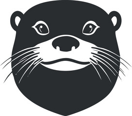 Black and white vector illustration of a cute otter face with whiskers and expressive eyes