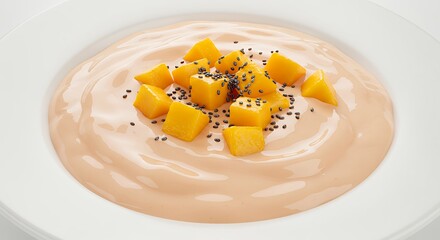 Mango Yogurt Dessert with Fresh Fruit and Black Seeds