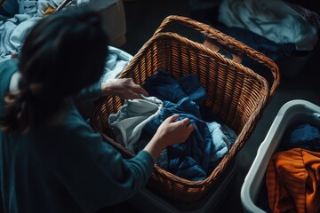 A woman sorts freshly cleaned laundry into a wicker basket, showcasing a cozy home atmosphere.